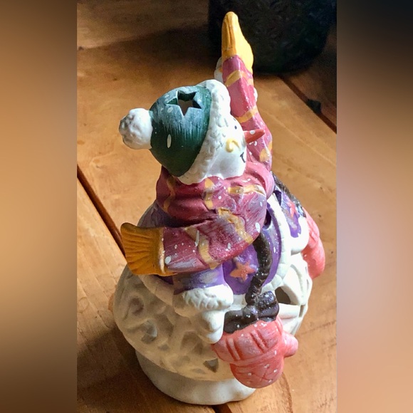 Christmas Winter Windy Snowman Purple Mix Cutout Ceramic Tea Light Candle Holder - Picture 3 of 5